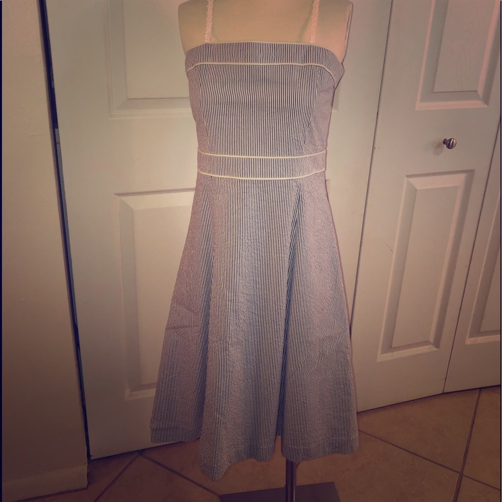Blue and white striped seersucker sundress